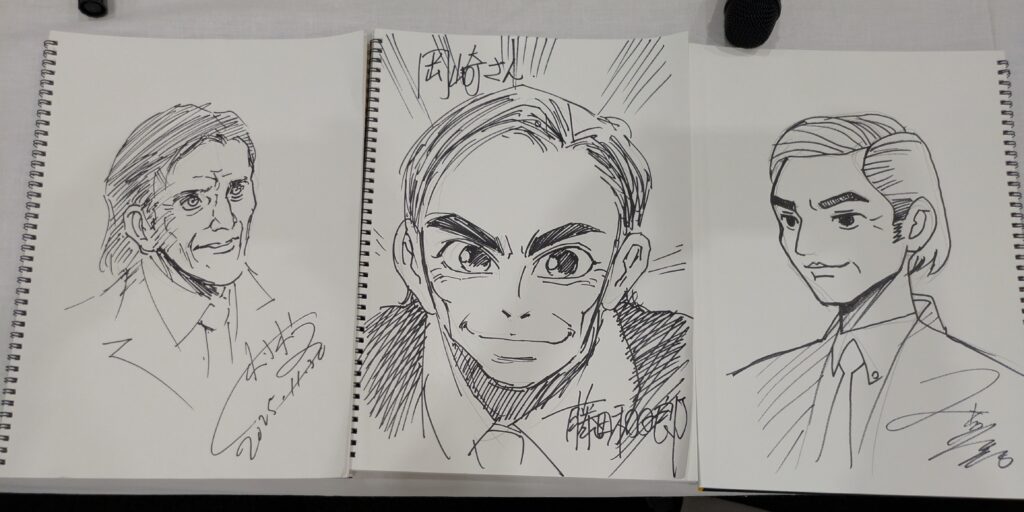 村枝先生、藤田先生、久米田先生の岡崎さんの似顔絵